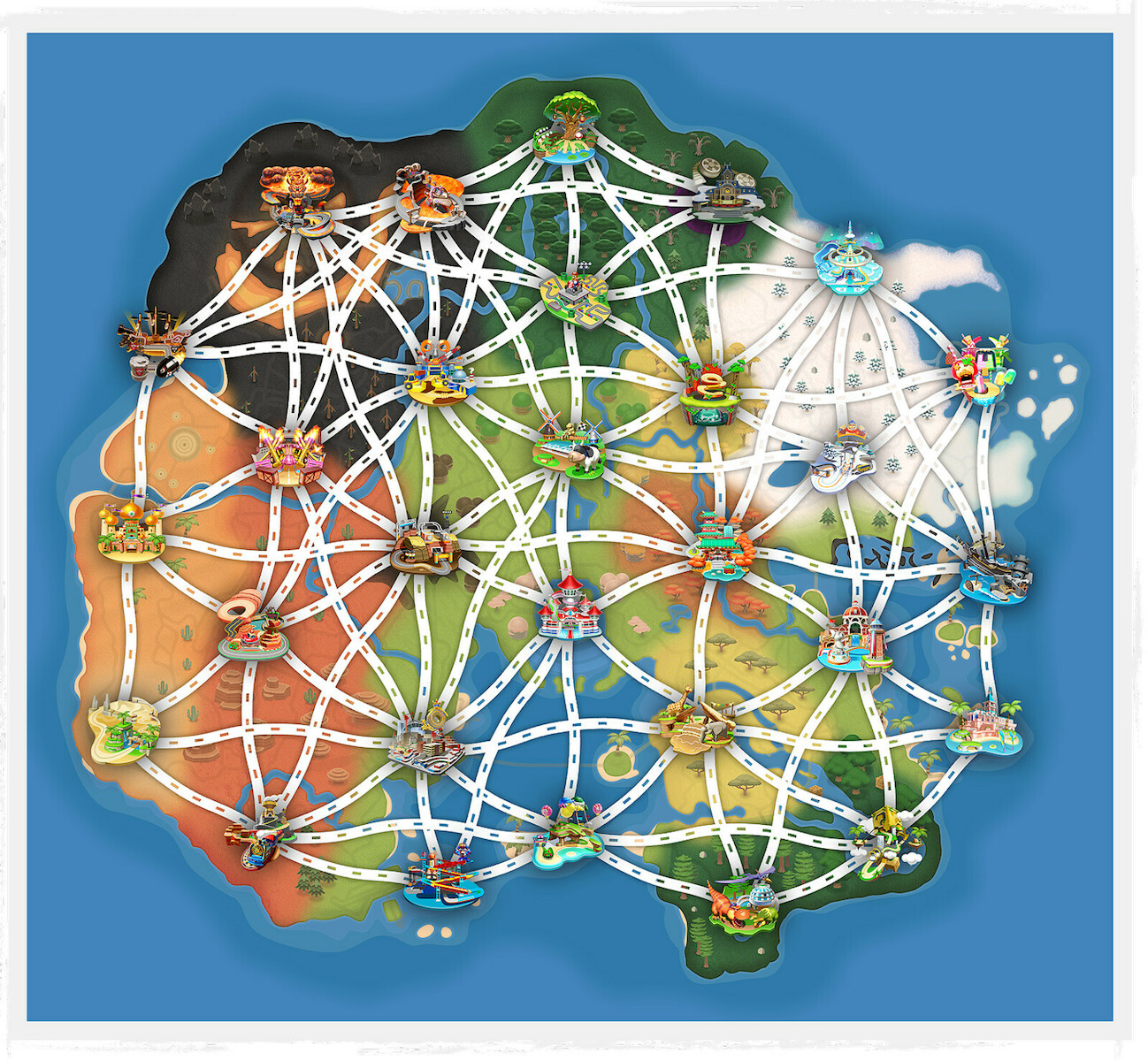 La carte de Mario Kart World : tous les circuits reliés entre eux par un maillage de routes