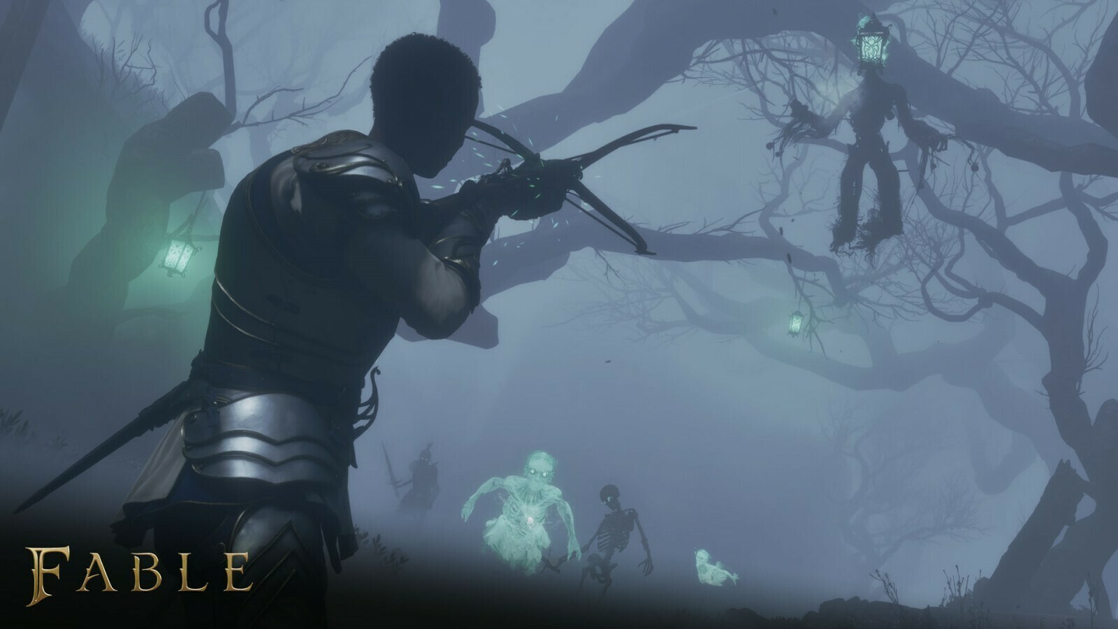Le Héros vise à l’arbalète des spectres dans une forêt brumeuse éclairée par des lanternes