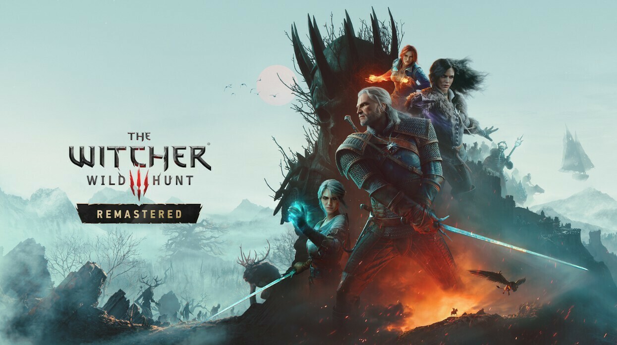 Clé visuelle de The Witcher 3 Wild Hunt Remastered&nbsp;: Geralt, Ciri, Yennefer et Triss devant un arbre mort
