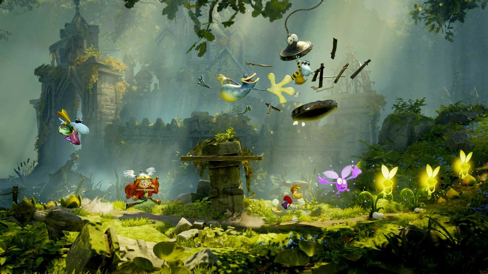 Rayman et ses compagnons dans les décors en 3D de Rayman Legends Retold